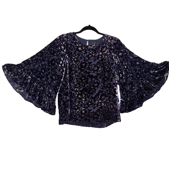 DREW Blake Blue Velvet Floral Top Size Small Blouse Sheer Flare Ruffle Sleeves - Picture 2 of 9